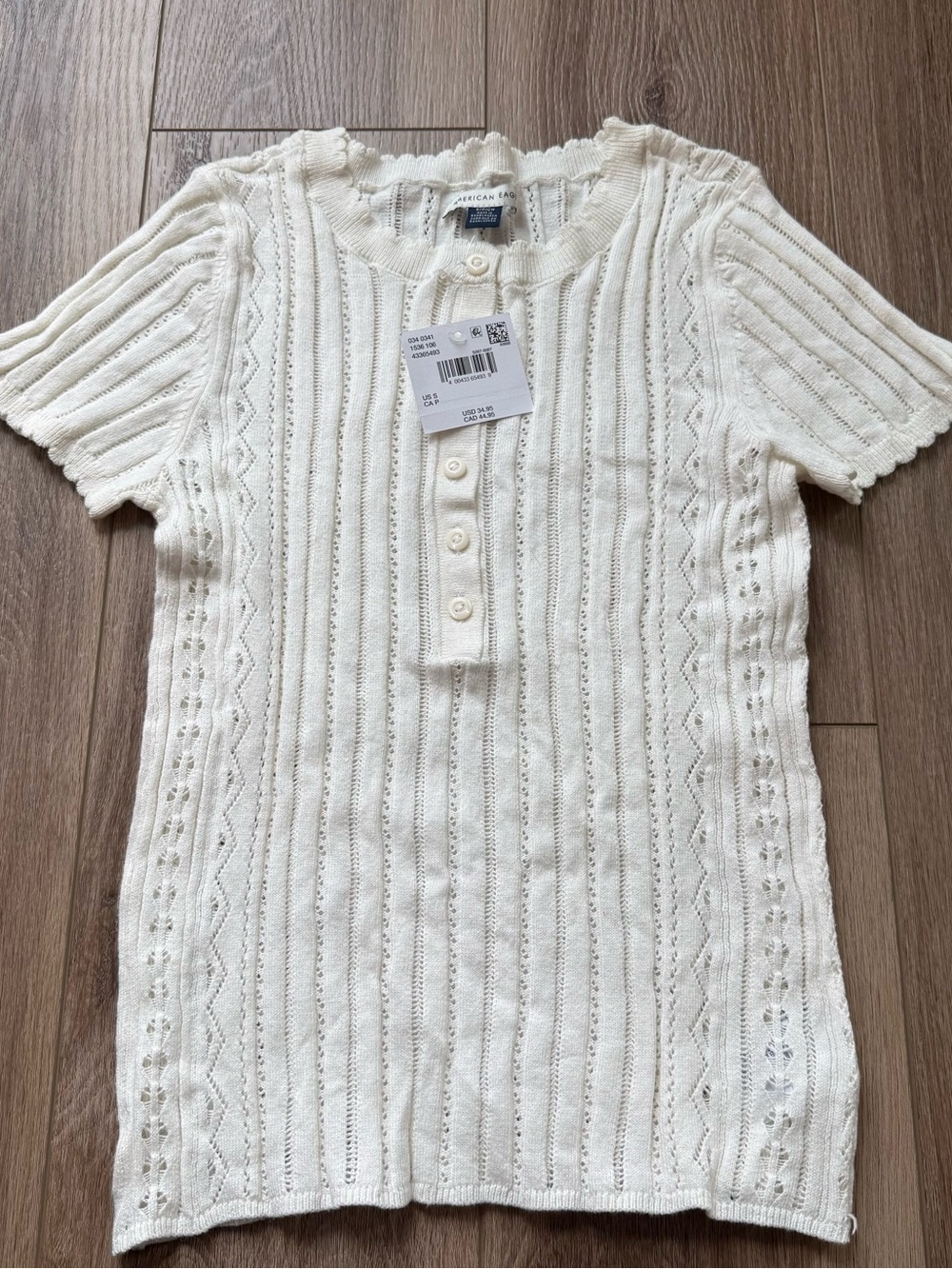 American Eagle Outfitters Cream pointelle Short-Sleeve Knit Button Front Top